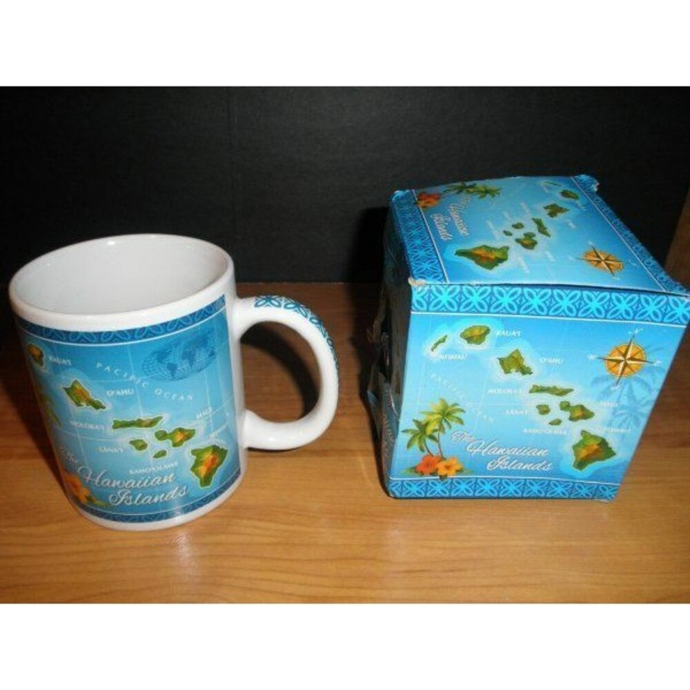 NEW (OPEN BOX) ISLAND TREASURES HAWAIIAN MAP BLUE MUG 10 OUNCES
